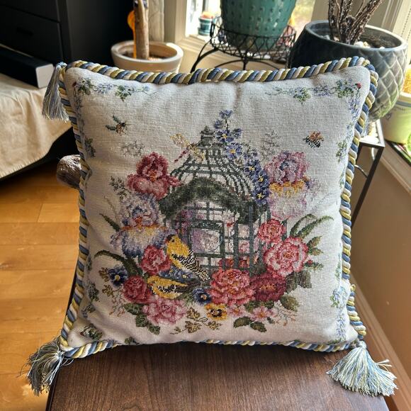 Katha Diddle Wool Petit Point Pillow Yellow Birds Flowers 16x16” Needlepoint - Picture 1 of 8